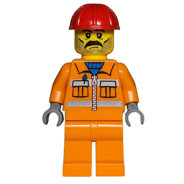 Construction Worker, Orange Jacket with Zipper and Reflective Stripes, Orange Legs, Red Hard Hat, Moustache and Stubble