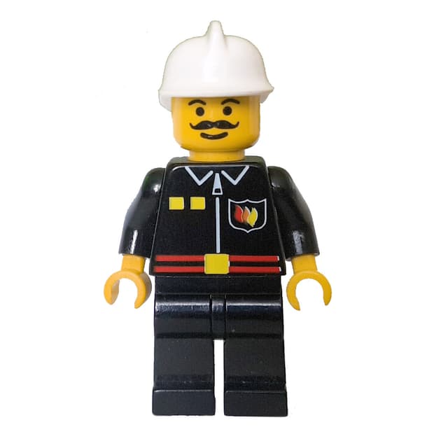 Fireman, Black Fire Jacket with Red Belt and Badge, White Helmet, Moustache