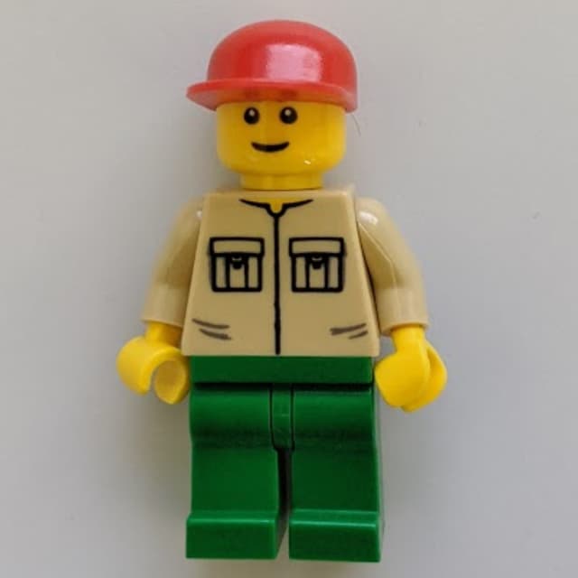 Man, Tan Shirt with Pockets, Green Legs, Red Cap