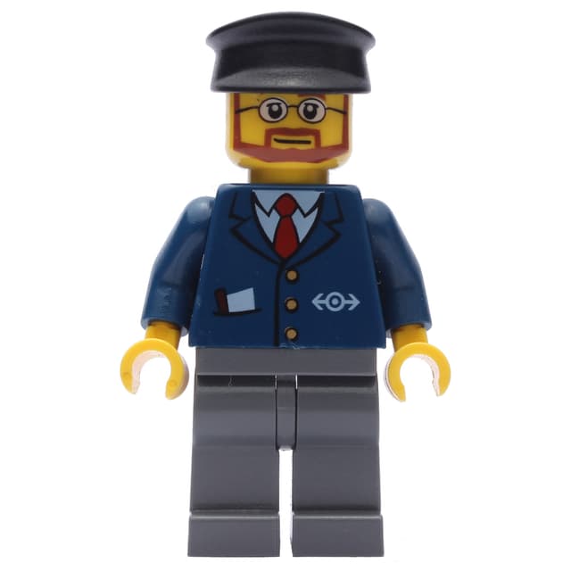 Train Worker, Dark Blue Jacket with Train Logo, Black Hat, Beard and Glasses
