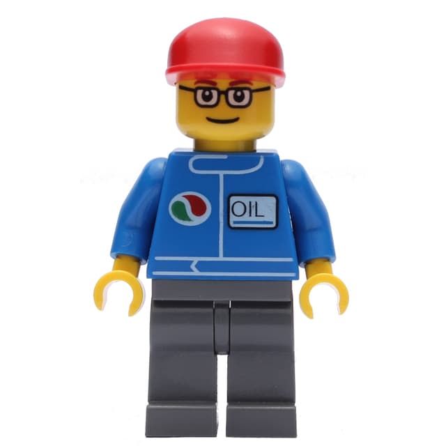 Mechanic, Blue Jumpsuit with Octan Logo, Dark Bluish Gray Legs, Red Cap, Glasses