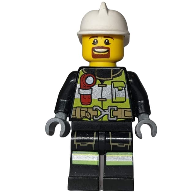 Fireman, Safety Vest with Flashlight, Pocket, and Belt, White Helmet, Goatee Beard