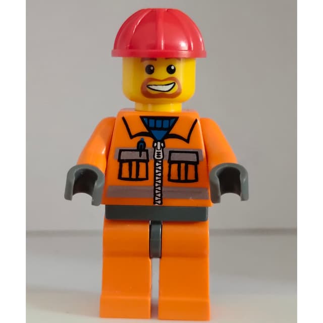 Construction Worker, Orange Jacket with Zipper and Reflective Stripes, Orange Legs, Red Hard Hat, Goatee Beard