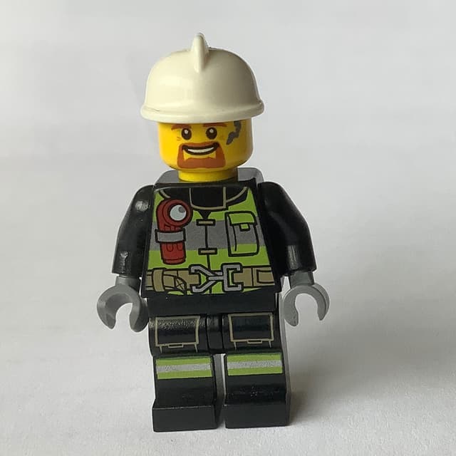 Fireman Fred, Black Fire Suit with Gauge and Straps, White Helmet, Goatee Beard