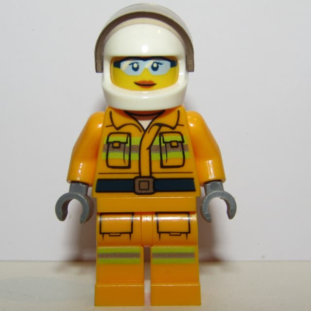 Firewoman, Bright Light Orange Fire Suit, White Helmet with Visor, Light Blue Sunglasses