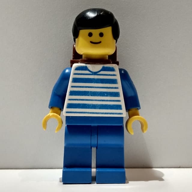 Man - Blue/White Striped Torso, Blue Legs, Brown Backpack