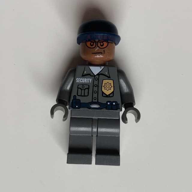 Security Guard Dark Bluish Gray Shirt with Badge, Dark Blue Cap, Orange Sunglasses