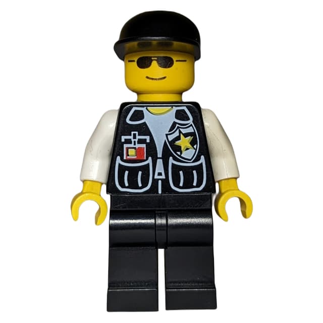 Policeman, Black Vest with Badge and Pockets, Black Cap, Sunglasses