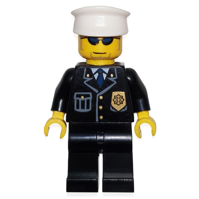 Policeman, Black Suit with Badge, White Hat, Sunglasses, Stubble