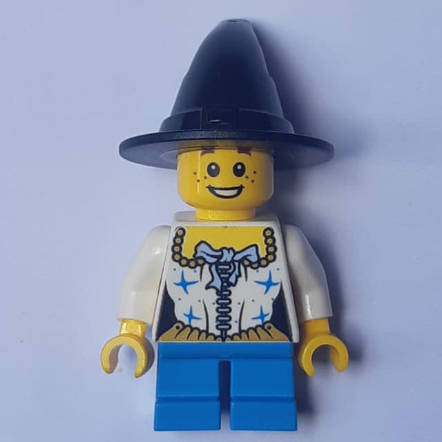 Girl, White Corset with Stars, Short Dark Azure Legs, Black Witch Hat