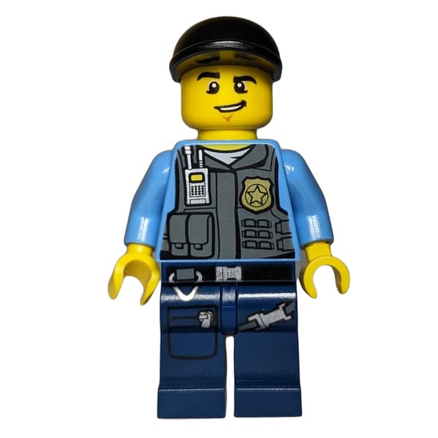 Policeman, Vest with Badge, Pockets, and Radio, Black Cap