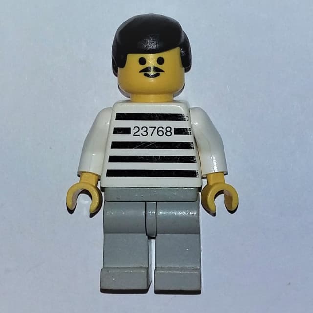 Jailbreak Joe, Prison Shirt with #23768, Light Bluish Gray Legs, Black Hair, Moustache