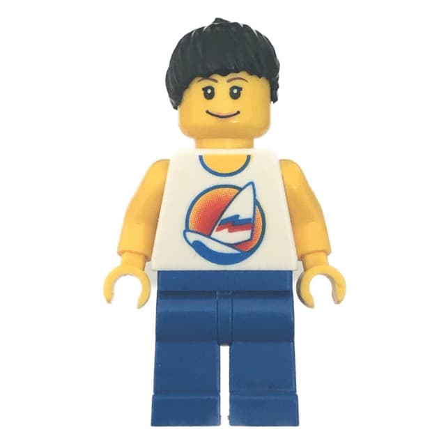 Woman, White Tank Top with Windsurfer, Blue Legs, Black Ponytail