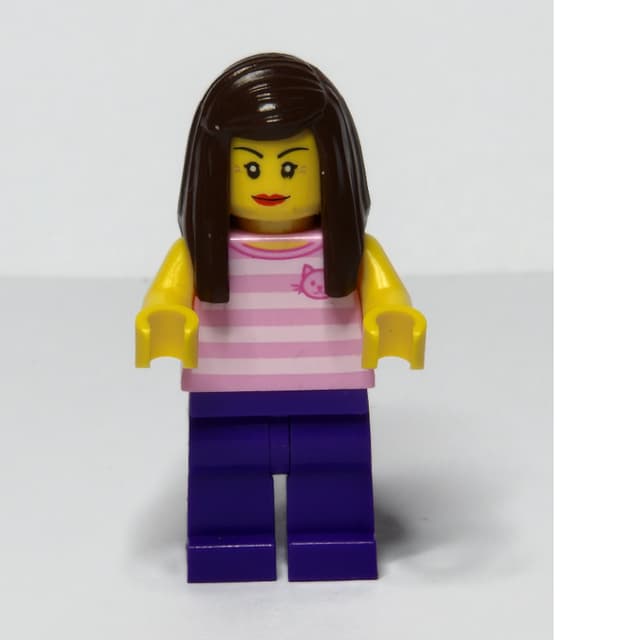 Woman, Pink Striped Tank Top with Cat Face, Dark Purple Legs