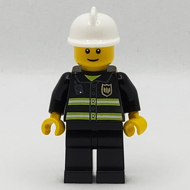 Fireman, Black Fire Jacket with Radio and Badge, White Helmet, Reddish Brown Eyebrows (3626b Head)