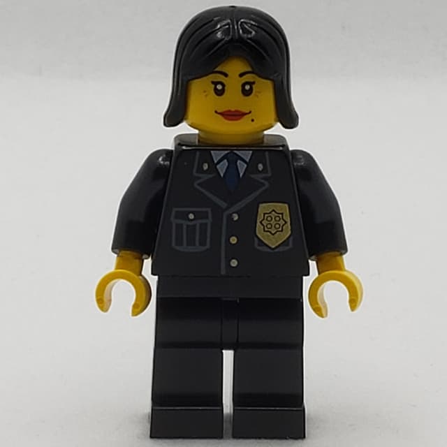 Policewoman, Black Jacket with Badge, Pocket, and Black Tie, Black Hair