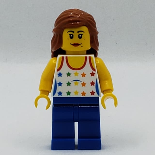 Woman, Tank Top with Rainbow Colored Stars, Blue Legs, Dark Orange Hair