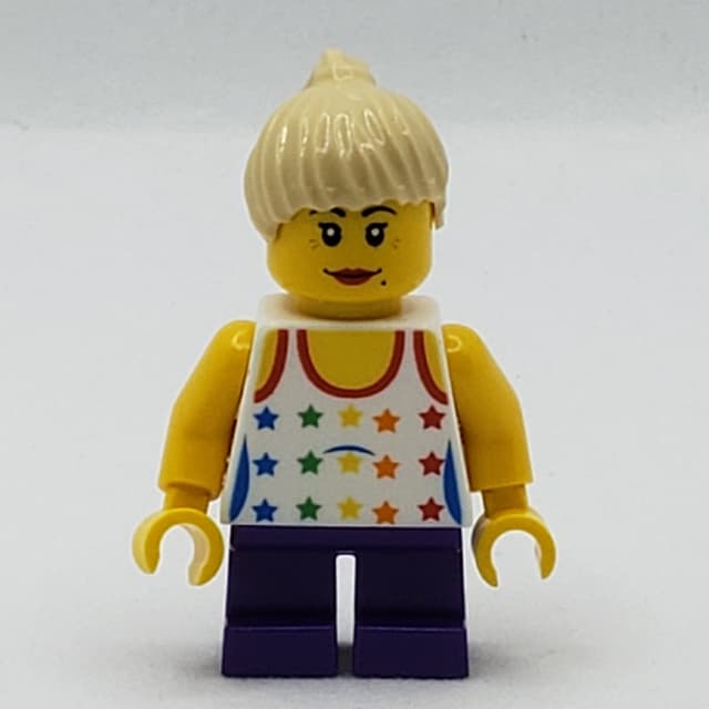 Girl, Tank Top with Rainbow Colored Stars, Short Dark Purple Legs, Tan Hair