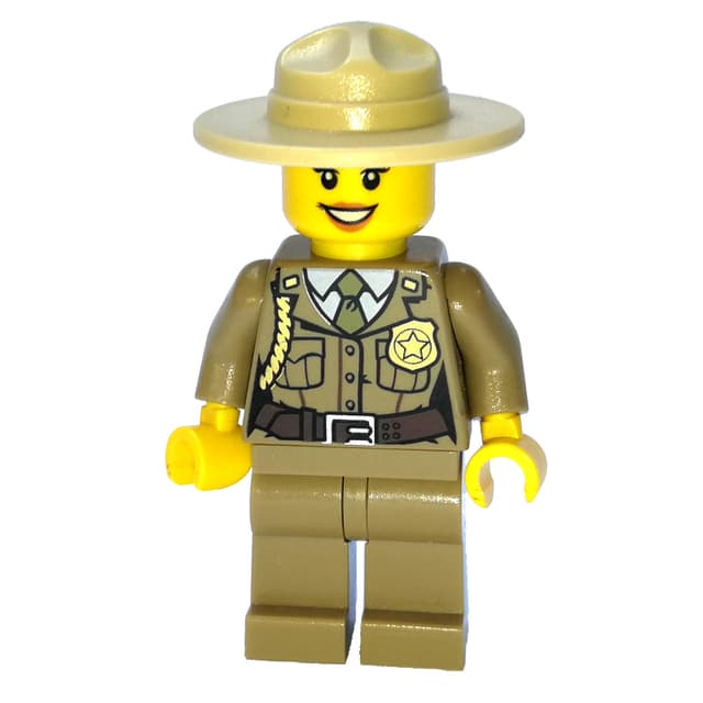 Forest Police / Ranger, Woman, Dark Tan Shirt with Olive Green Tie and Badge, Dark Tan Legs, Tan Campaign Hat