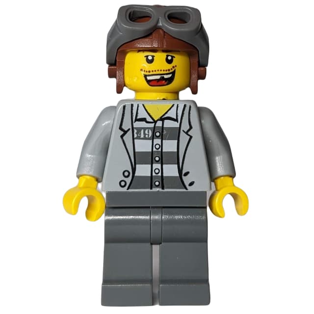 Criminal, Open Light Bluish Gray Jacket over Prison Shirt, Reddish Brown Hat with Goggles