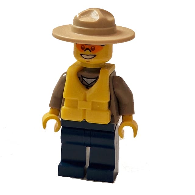 Forest Police / Ranger, Dark Tan Shirt with Radio and Badge, Dark Blue Legs, Tan Campaign Hat, Yellow Life Vest, Orange Sunglasses