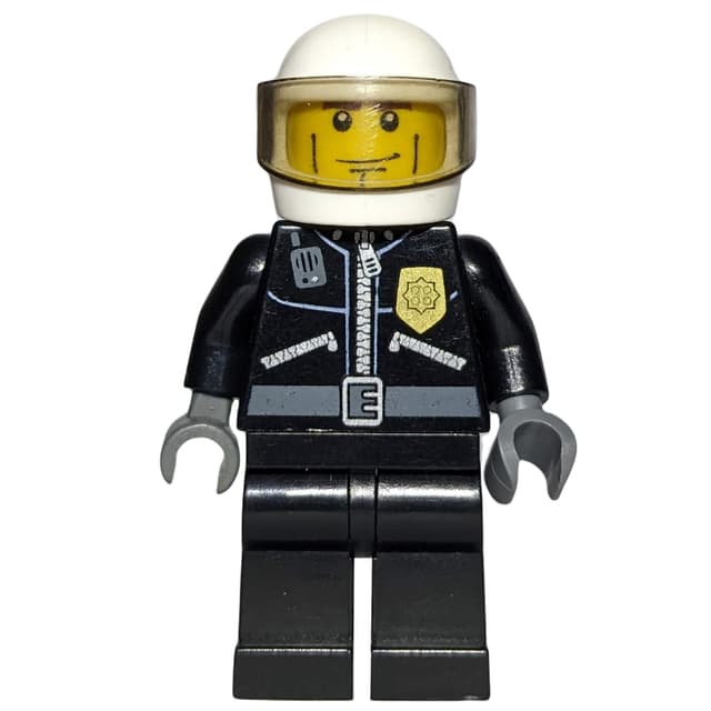 Policeman, Black Jacket with Zipper, Radio, Badge, and 'POLICE' on Back, White Helmet with Visor