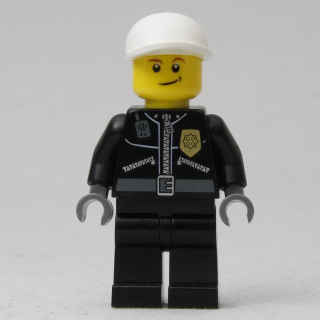 Policeman, Black Jacket with Zipper, Radio, Badge, and 'POLICE' on Back, White Cap (3626b Head)