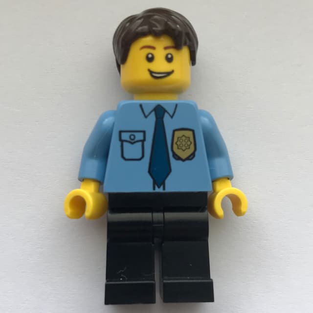 Policeman, Medium Blue Shirt with Badge and Tie, Black Legs, Dark Brown Hair