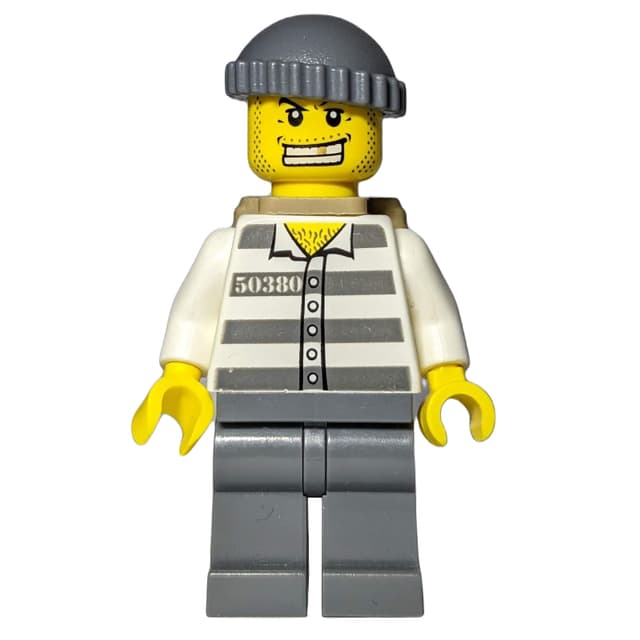 Criminal, Prison Shirt with #50380, Dark Bluish Gray Legs, Dark Bluish Gray Hat, Dark Tan Backpack, Gold Tooth