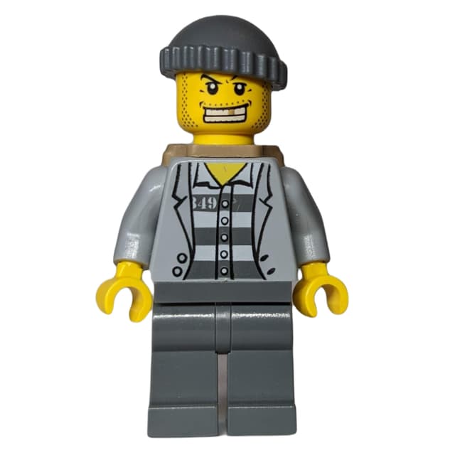 Criminal, Open Light Bluish Gray Jacket over Prison Shirt, Dark Bluish Gray Hat, Dark Tan Backpack, Gold Tooth