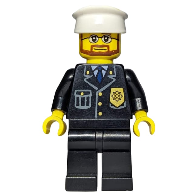 Policeman, Black Suit with Badge, White Hat, Beard and Glasses
