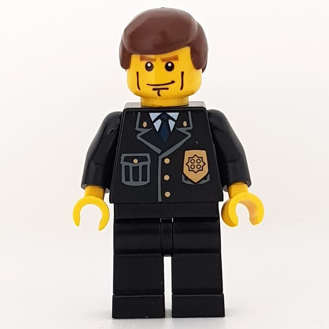 Policeman, Black Suit with Badge, Reddish Brown Hair