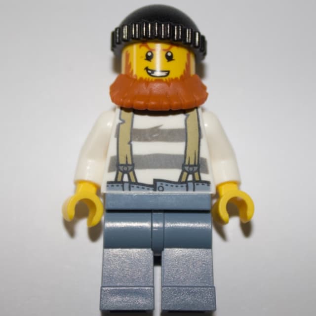 Criminal, Prison Shirt with Suspenders, Black Hat, Dark Orange Beard