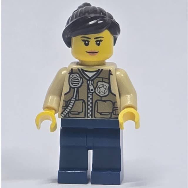 Swamp Police / Ranger, Woman, Dark Tan Vest with Zipper, Radio, and Badge, Dark Blue Legs, Dark Brown Hair