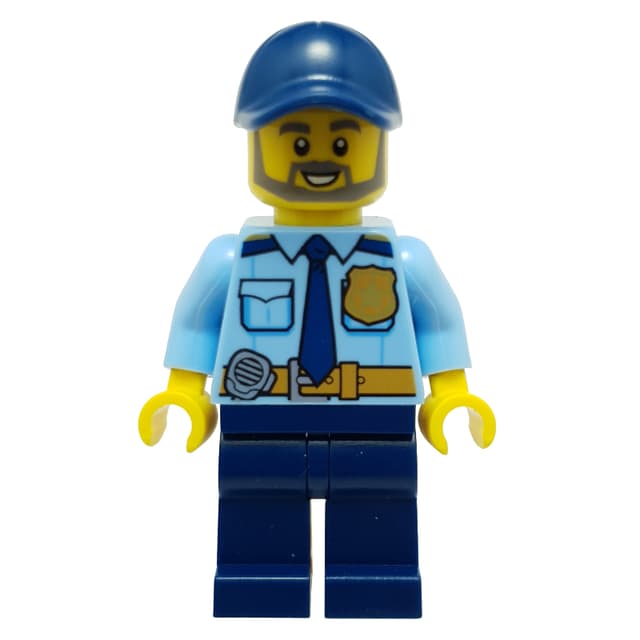 Policeman, Bright Light Blue Shirt with Dark Blue Tie, Badge, and Radio on Belt, Dark Blue Cap, Beard
