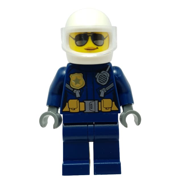 Policewoman, Dark Blue Jacket with Radio, Badge, and Belt with Pouches, White Helmet with Trans-Clear Visor, Sunglasses