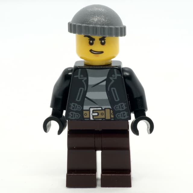 Criminal, Open Black Jacket over Prison Shirt, Dark Brown Legs, Dark Bluish Gray Hat