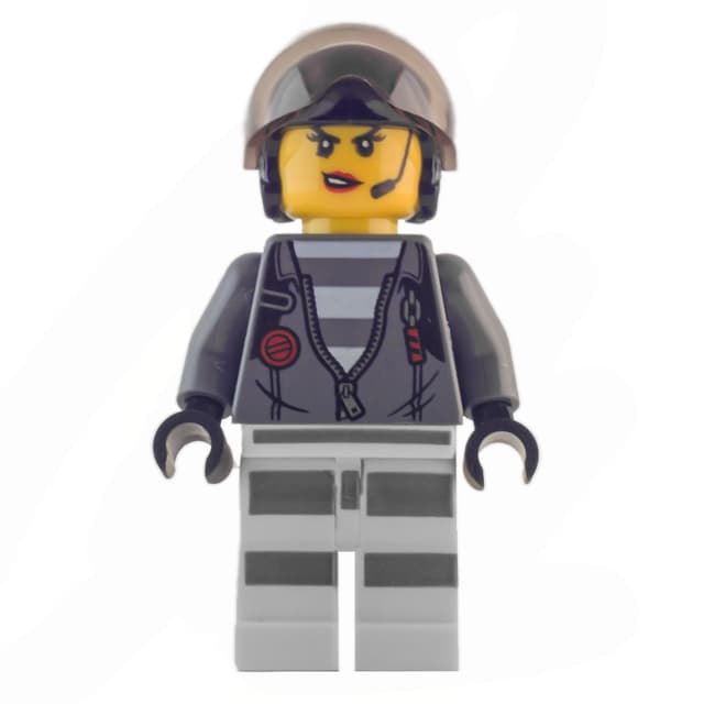 Criminal, Woman, Open Dark Bluish Gray Jacket with Zipper over Prison Shirt, Black Helmet with Visor