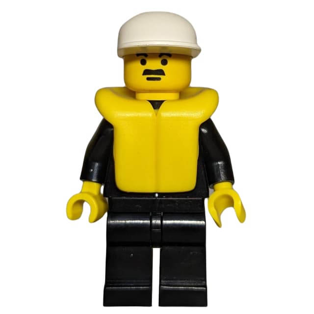 Policeman, Black Suit with Tie and Badge, White Cap, Yellow Life Vest, Moustache