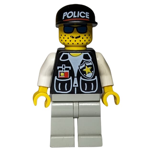 Policeman, Black Vest with Badge and Pockets, Light Gray Legs, Black Cap with 'POLICE', Blue Sunglasses