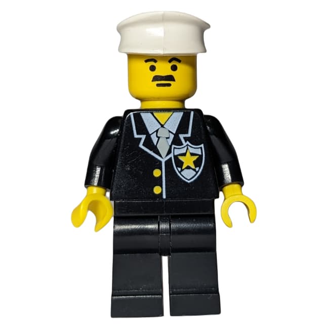 Policeman, Black Suit with Tie and Badge, White Hat, Moustache