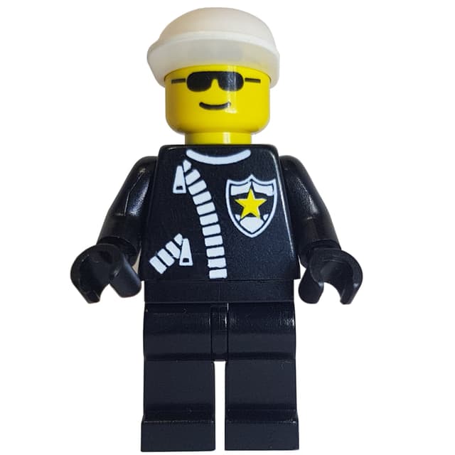 Policeman, Black Jacket with Zipper and Badge, White Cap, Sunglasses