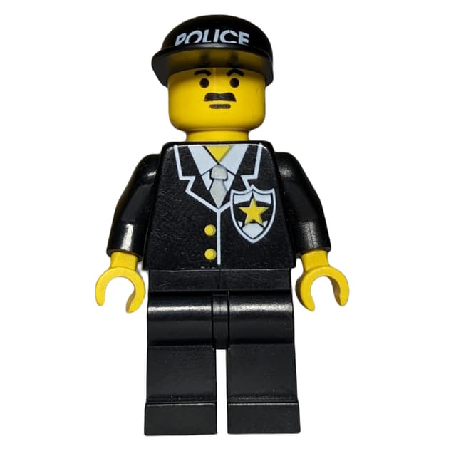 Policeman, Black Suit with Tie and Badge, Black Cap with 'POLICE', Moustache