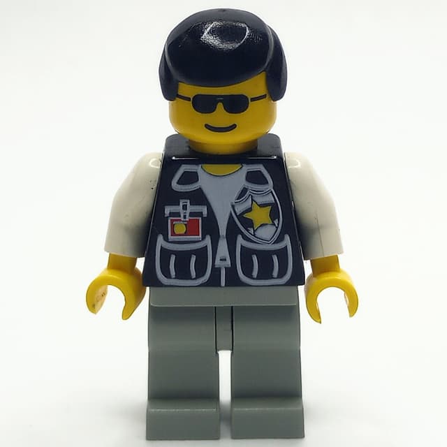 Policeman, Black Vest with Badge and Pockets, Black Hair, Sunglasses
