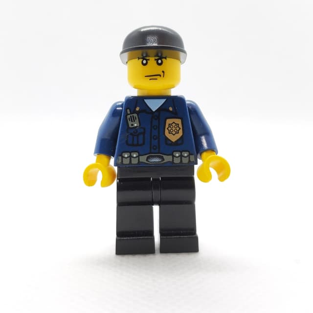 Policeman, Dark Blue Shirt with Radio and Badge, Black Legs, Black Cap