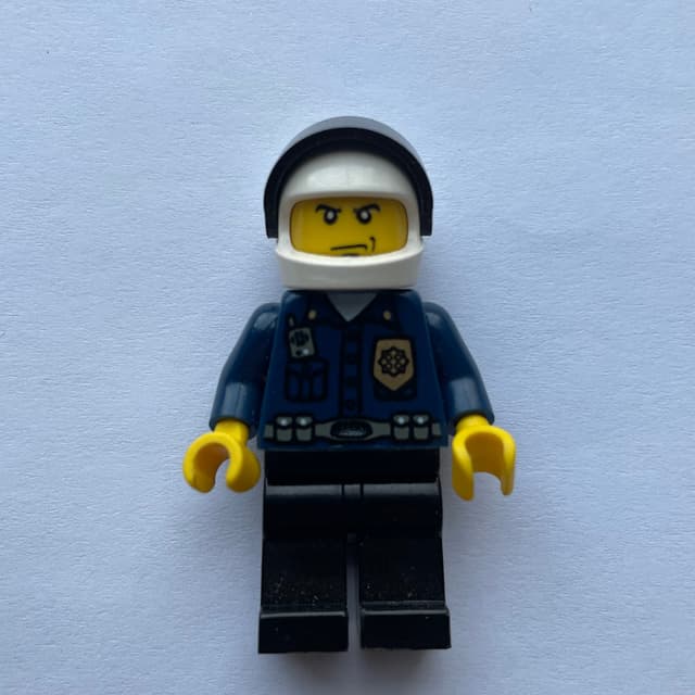 Policeman, Dark Blue Shirt with Radio and Badge, Black Legs, White Helmet with Visor