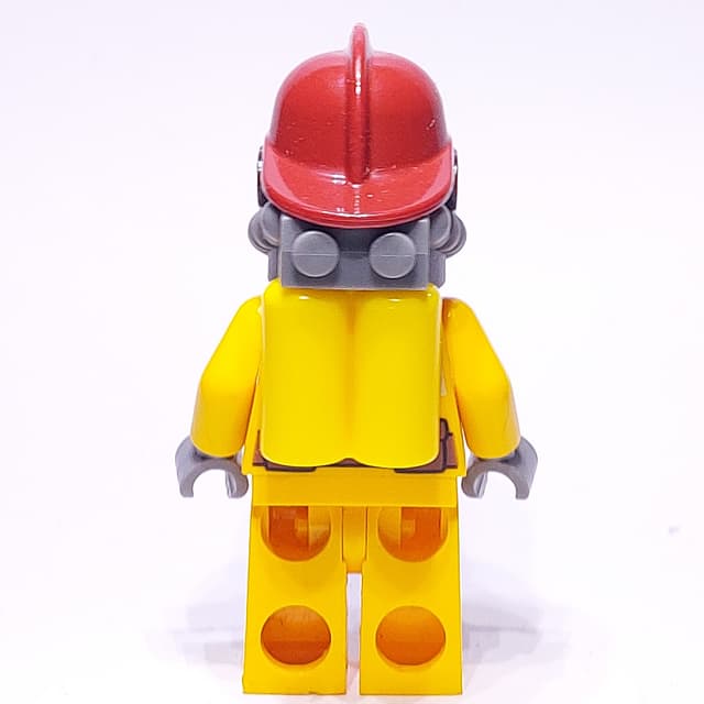 Fireman, Bright Light Orange Fire Suit, Dark Red Helmet, Breathing Apparatus, Airtanks, Sweat Drops