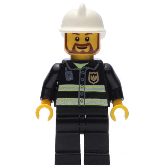Fireman, Black Fire Jacket with Reflective Stripes, Radio, and Badge, White Helmet, Beard