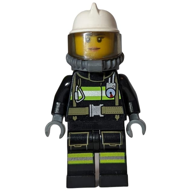 Firefighter, Female, Black Fire Suit with Gauge and Straps, White Helmet, Breathing Apparatus, Airtanks (3626cpr1580 Head)