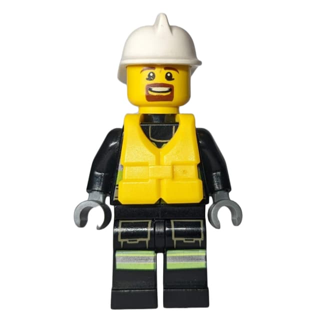 Fireman, Safety Vest with Flashlight, Pocket, and Belt, White Helmet, Yellow Life Vest, Goatee Beard